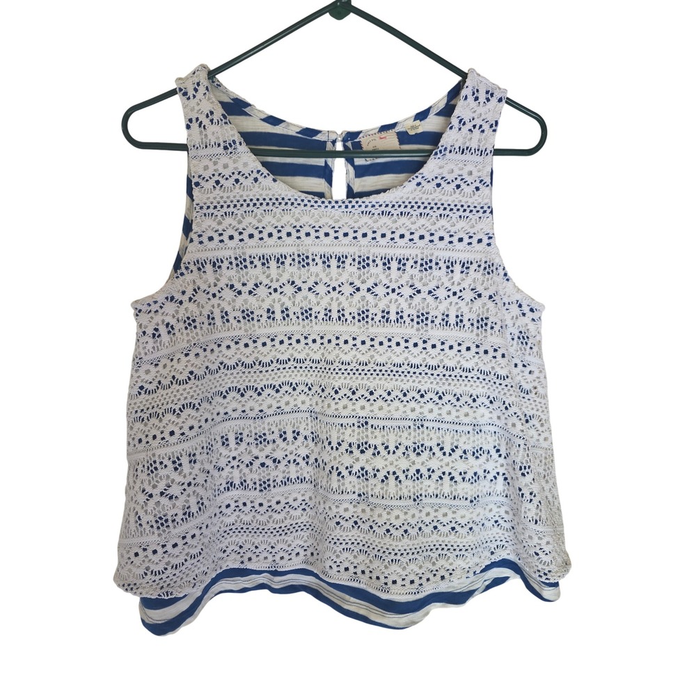 Anthropologie Postmark Crochet Lace Striped Tank Top Blue White‎ Coquette Small